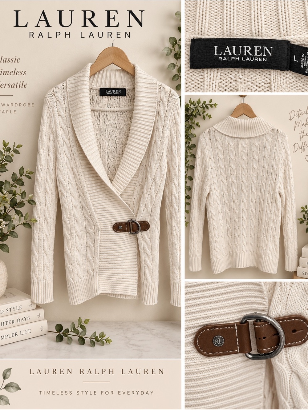 Lauren Ralph Lauren Cream Cable-Knit Shawl Collar Sweater large